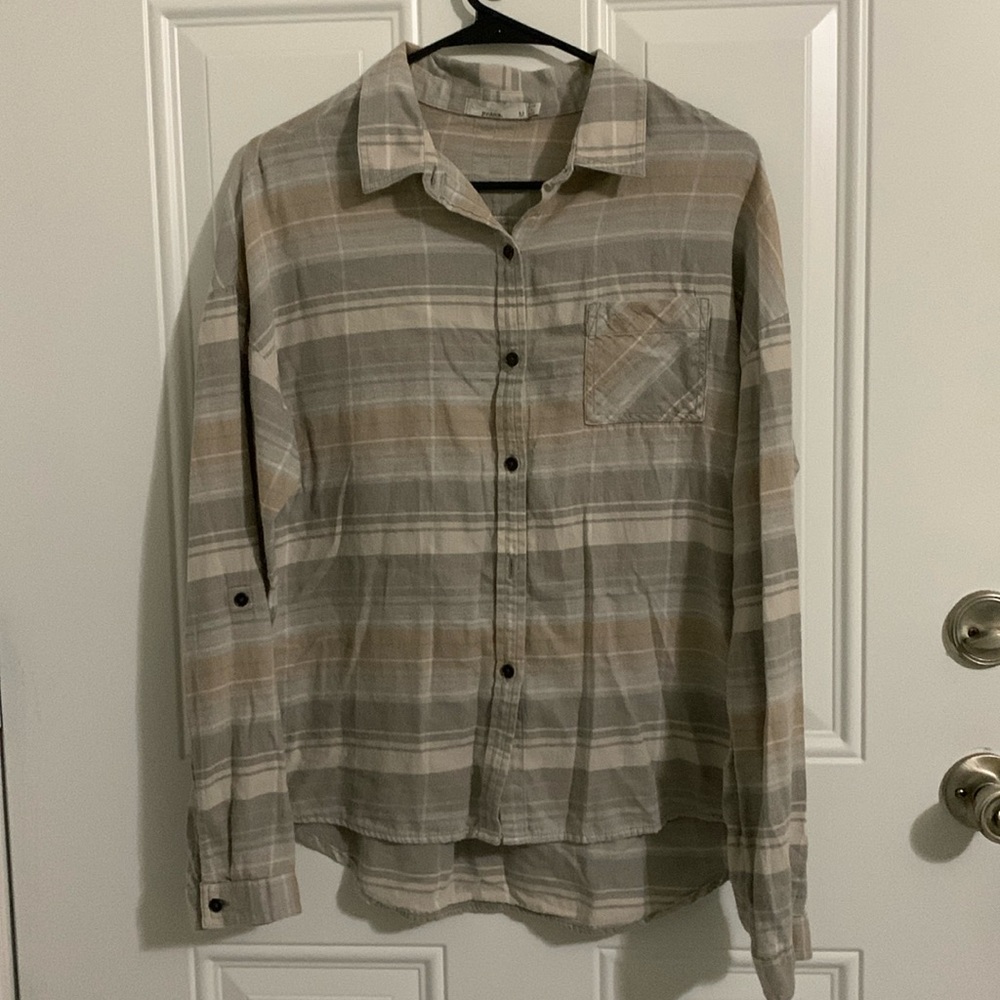 Prana neutral plaid button up shirt.